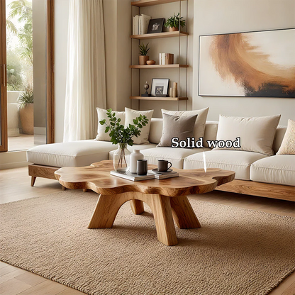 Designer brown coffee table with natural wood form