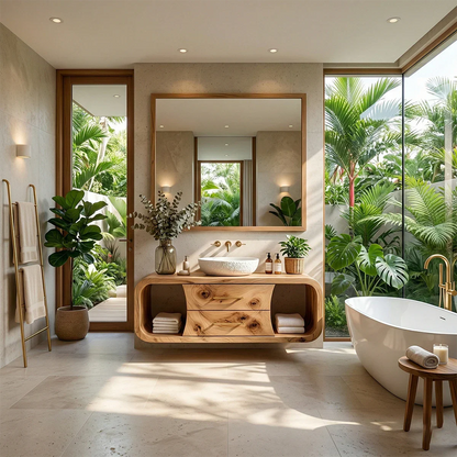 Organic Curved Natural Solid Wood Floating Bathroom Vanity With Storage Drawers