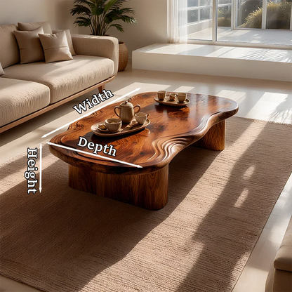Living room coffee table with freeform top design and low structure for modern interiors