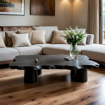 Unique coffee table featuring flowing natural form and low profile for cozy seating areas