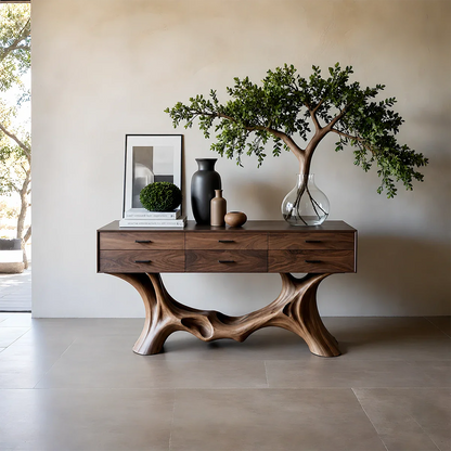 Organic Natural Wood Console Table with Drawers for Modern Entryway Spaces