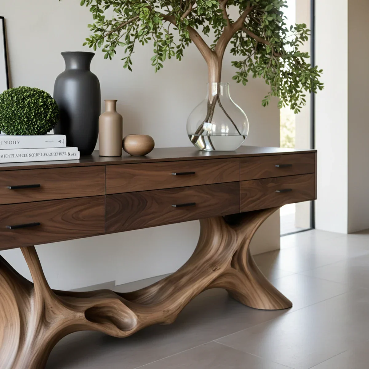 Minimalist entryway console with curved base silhouette and clean drawer storage layout