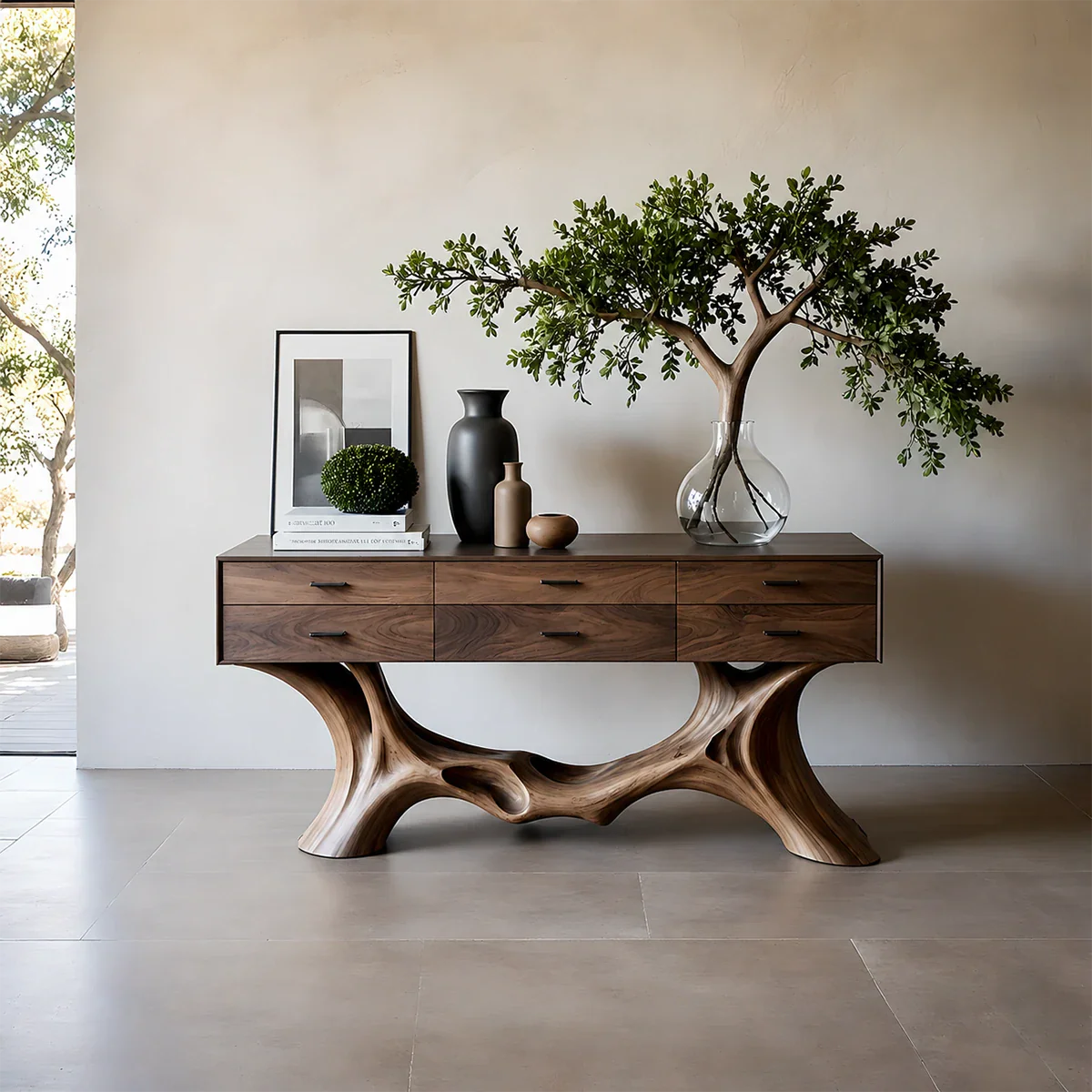 Organic Natural Wood Console Table with Drawers for Modern Entryway Spaces