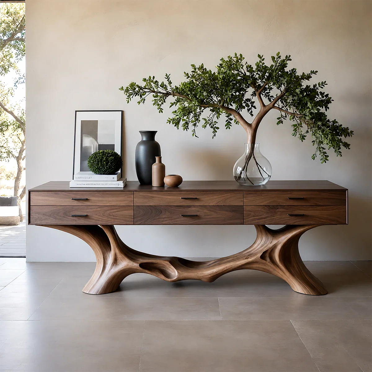 Organic Natural Wood Console Table with Drawers for Modern Entryway Spaces