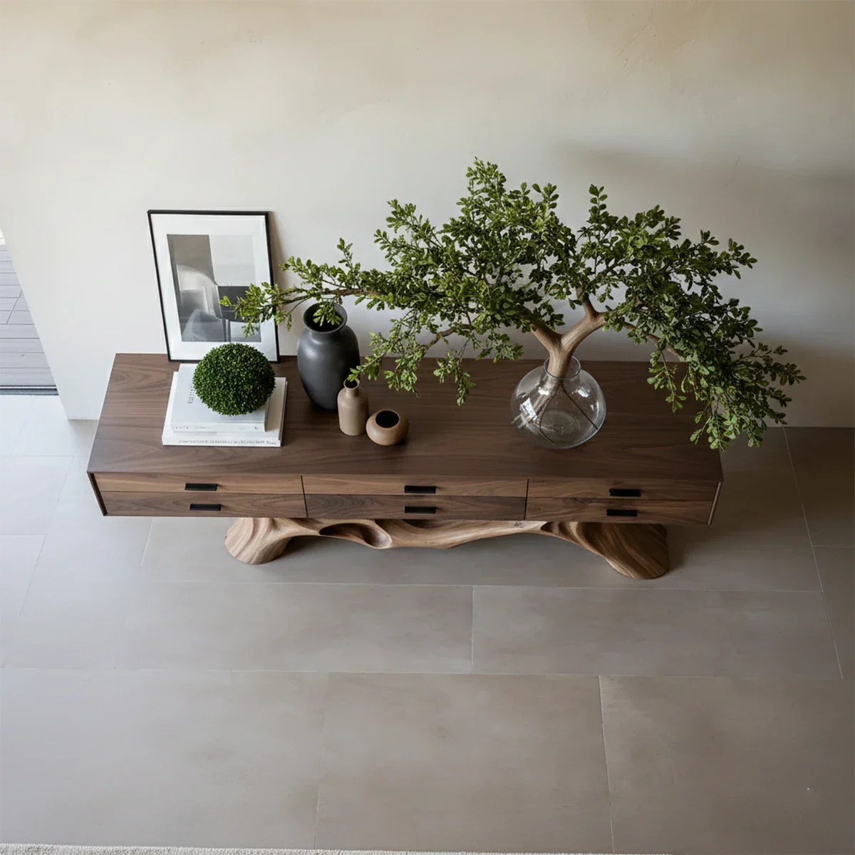 Designer console cabinet with fluid wood base and built in drawers for modern living spaces