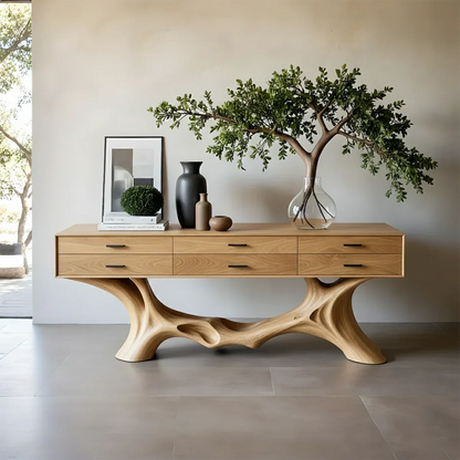 Refined sideboard console featuring sculptural base and smooth drawer storage for interiors