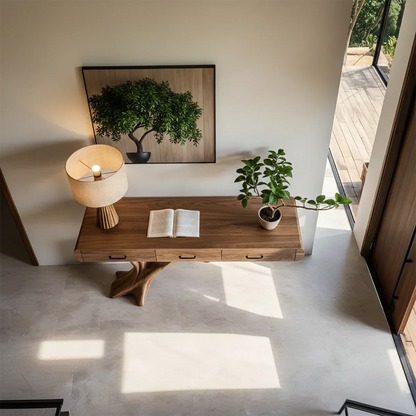 Modern sideboard console with flowing tree base and hidden drawers for organization