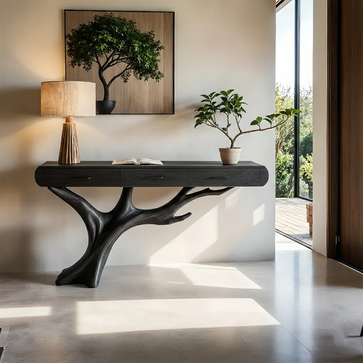 Unique hallway console featuring sculpted base and integrated drawers for modern spaces