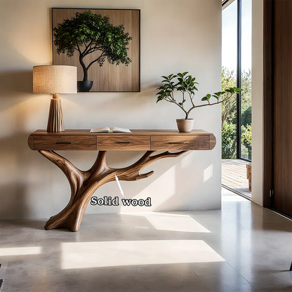 Refined console table with nature inspired base and practical storage drawers