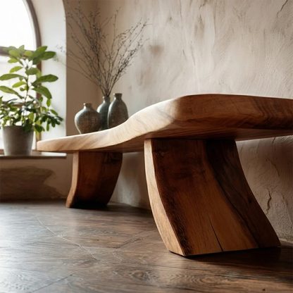 Elegant entryway bench designed with natural flowing form and warm oak tone finish