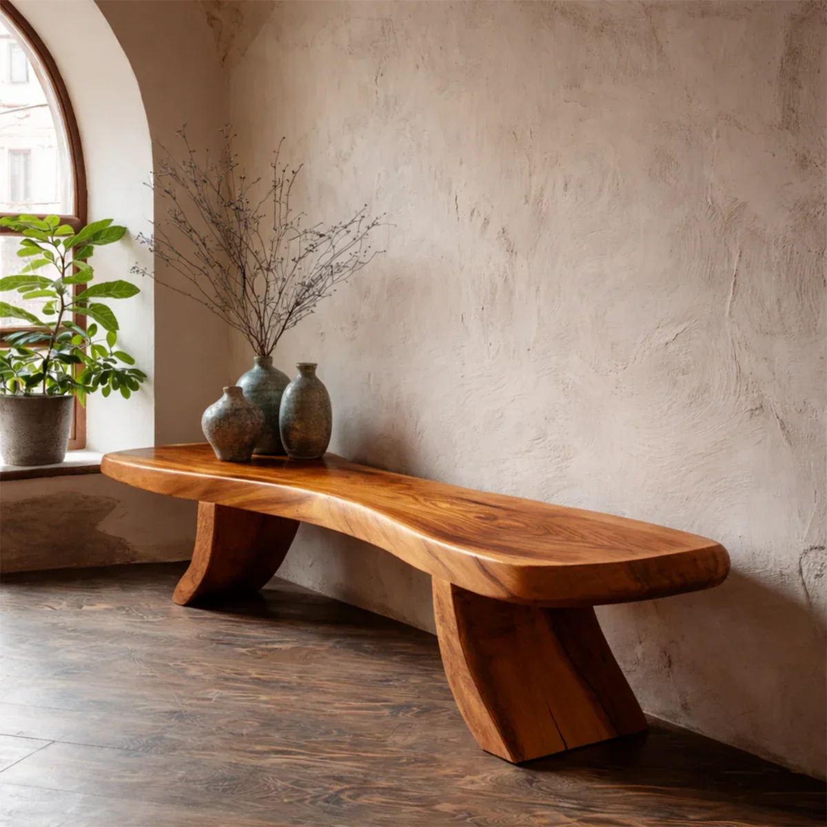 Minimalist hallway bench featuring elongated organic seat and smooth brown tone finish