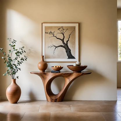Organic Flow Console Table in Natural Solid Wood with Sculptural Loop Base