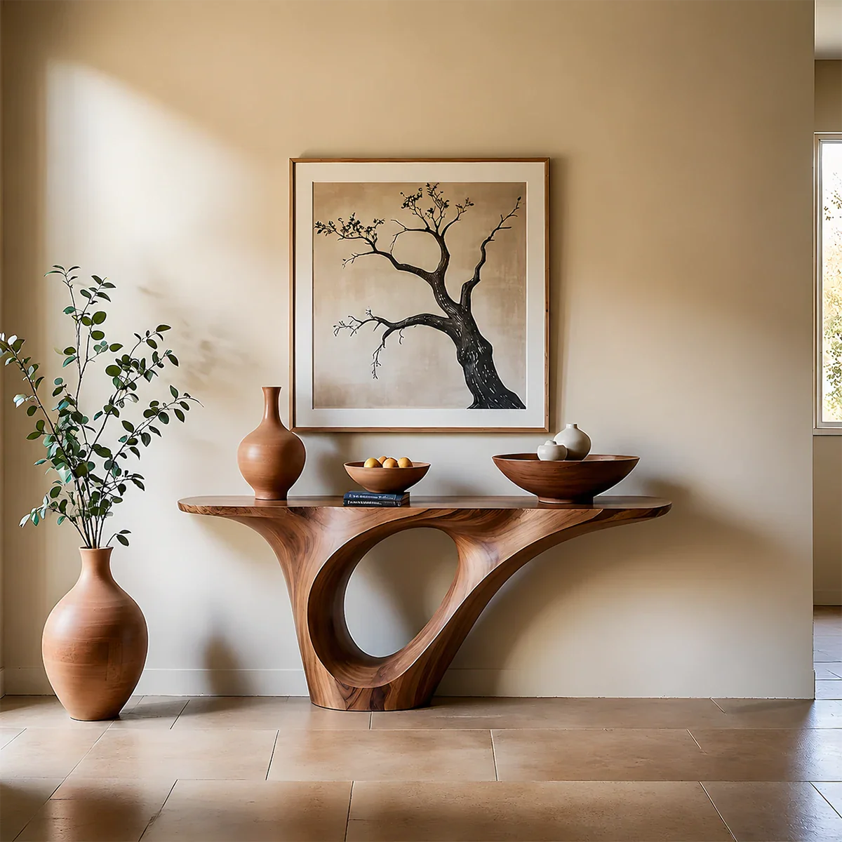 Organic Flow Console Table in Natural Solid Wood with Sculptural Loop Base