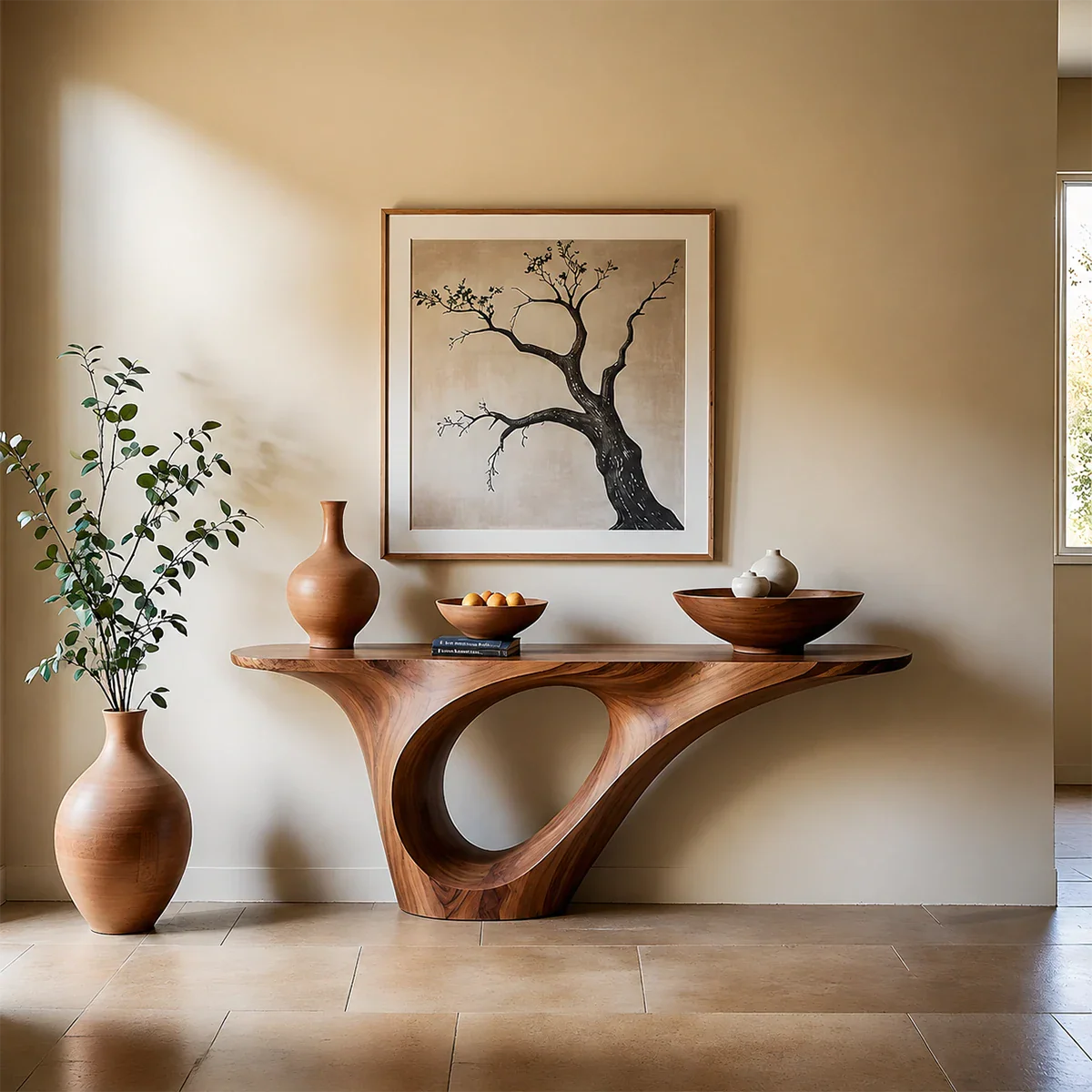 Organic Flow Console Table in Natural Solid Wood with Sculptural Loop Base