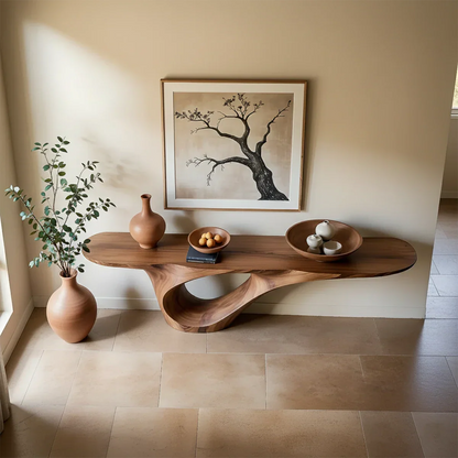 Sculptural console table in natural wood with loop base enhances this clean contemporary room
