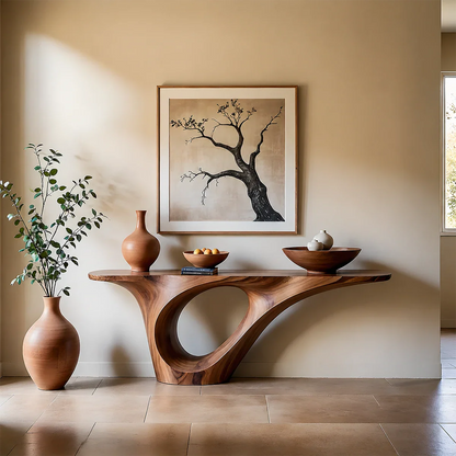 Organic Flow Console Table in Natural Solid Wood with Sculptural Loop Base