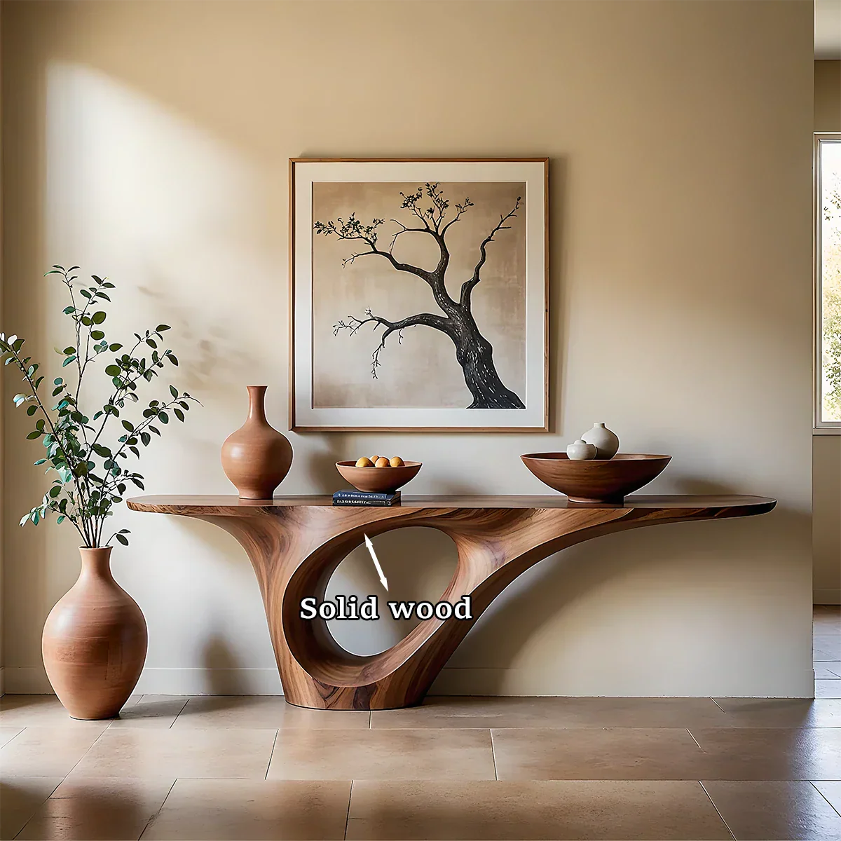 Refined entryway featuring a sculptural wood console table with seamless curved base structure