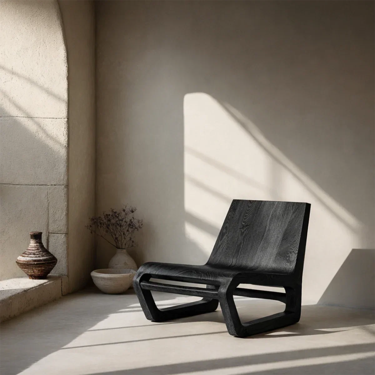 A contemporary lounge chair with open curved structure adds depth and visual interest indoors
