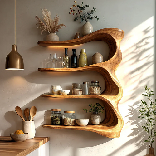 Organic kitchen wall cabinet with flowing wood shelves and open storage for modern interiors