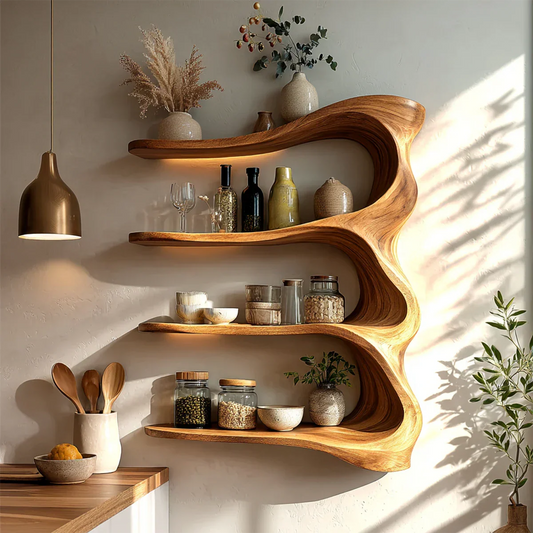 Organic kitchen wall cabinet with flowing wood shelves and open storage for modern interiors