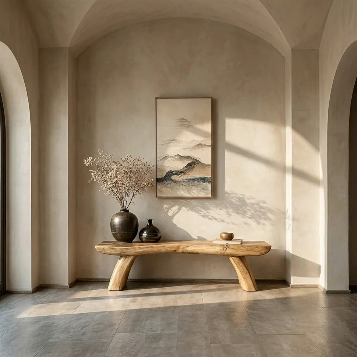 Modern hallway bench showcasing sculptural slab seat and refined oak tone finish detail