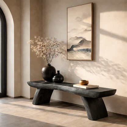 Decorative hallway seating bench featuring organic surface styling and black tone finish