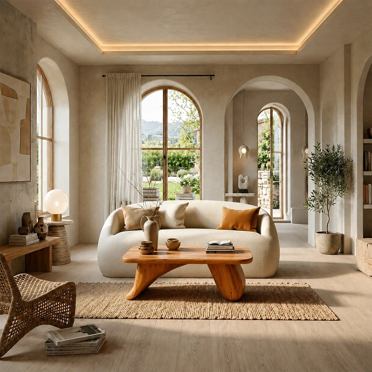 Low Wood Coffee Table with Sculpted Base – Minimal Center Table for Modern Interiors
