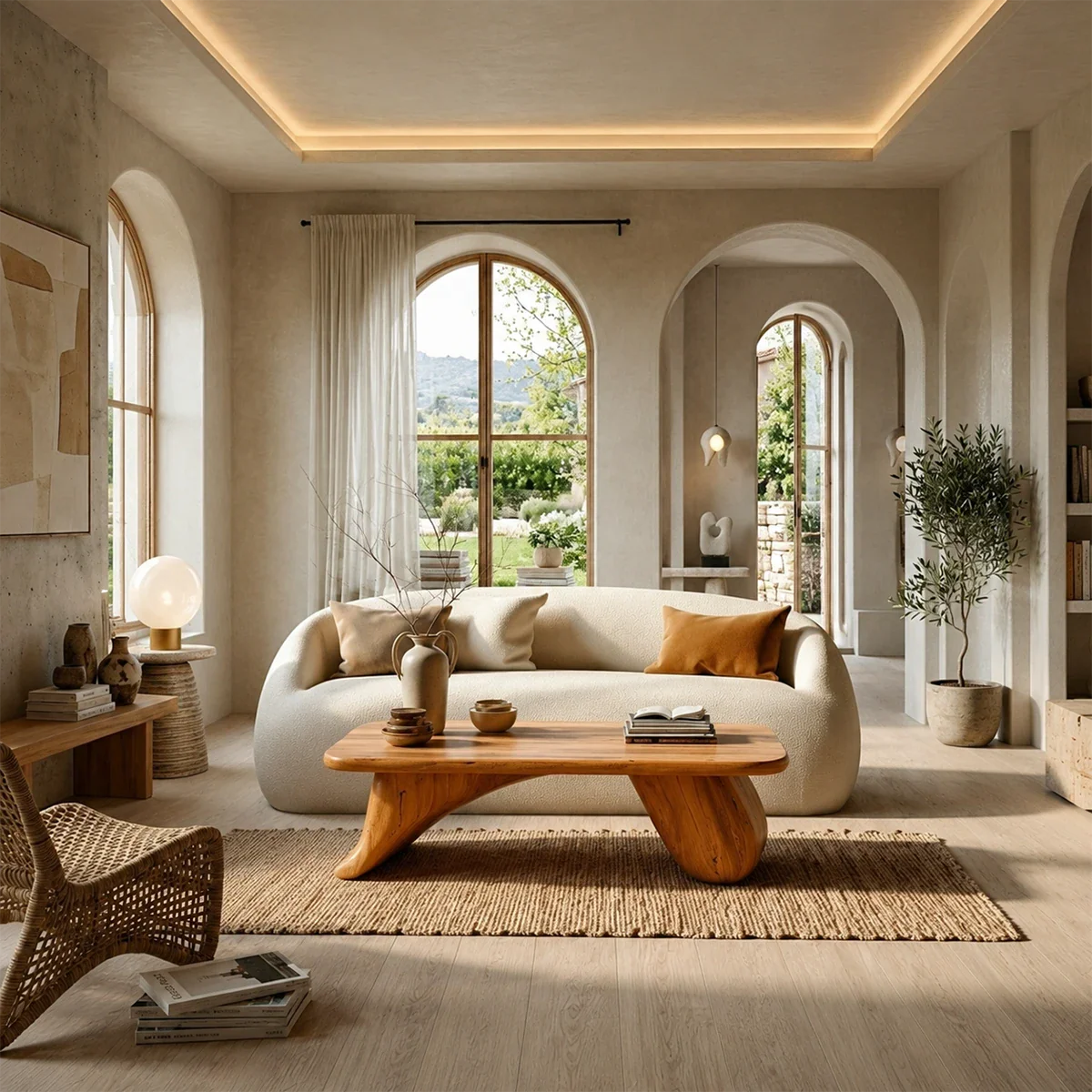 Modern coffee table featuring soft curves and natural wood surface in sunlit living space