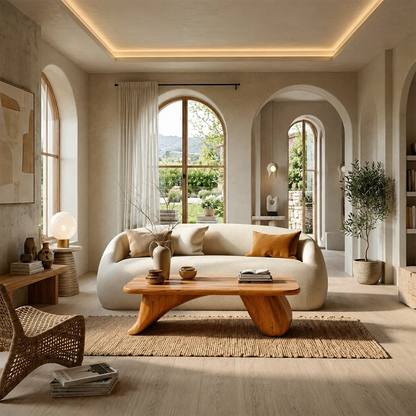 Modern coffee table featuring soft curves and natural wood surface in sunlit living space
