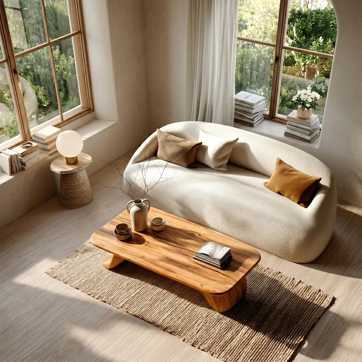 Natural wood coffee table with curved support design in warm and inviting living room
