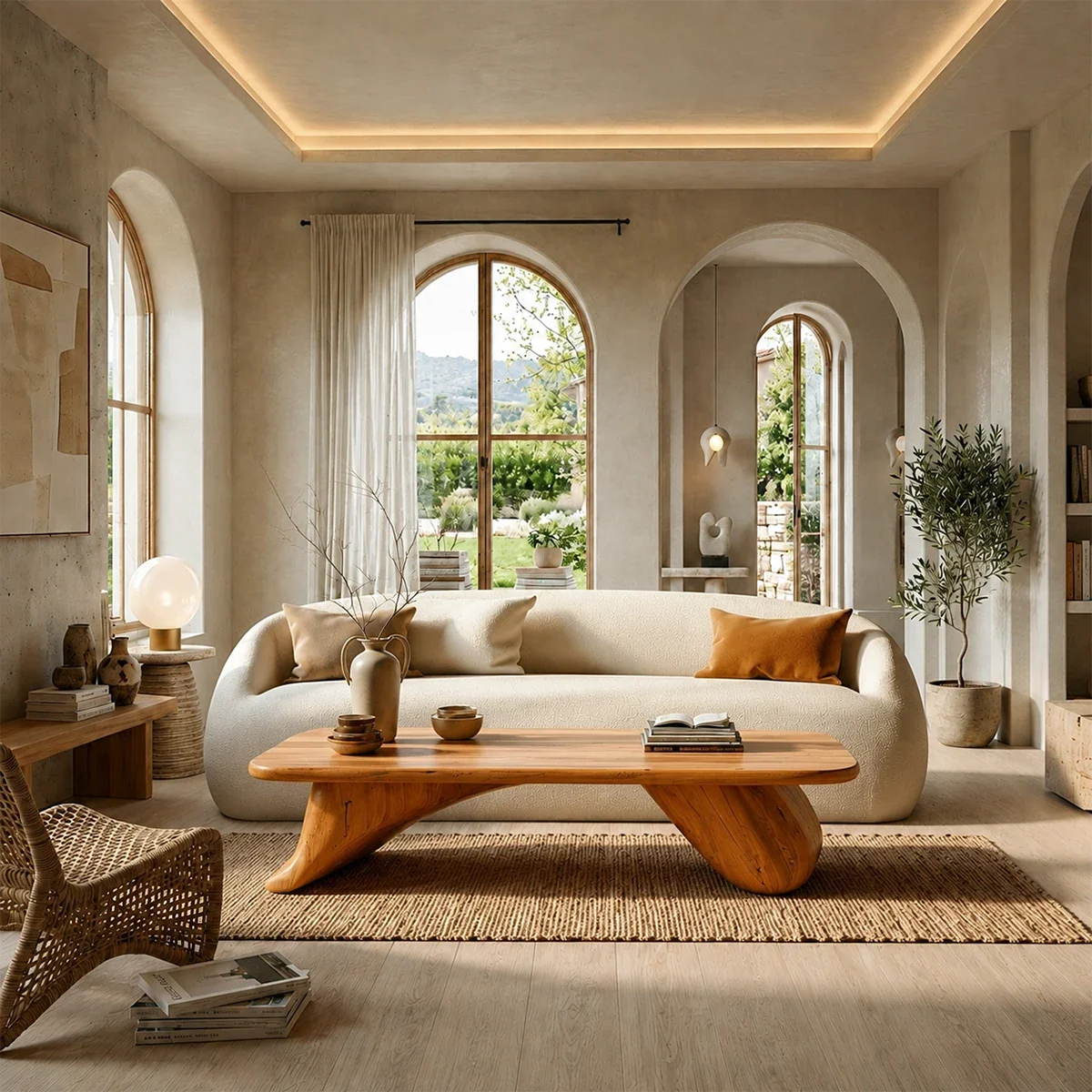 Low Wood Coffee Table with Sculpted Base – Minimal Center Table for Modern Interiors