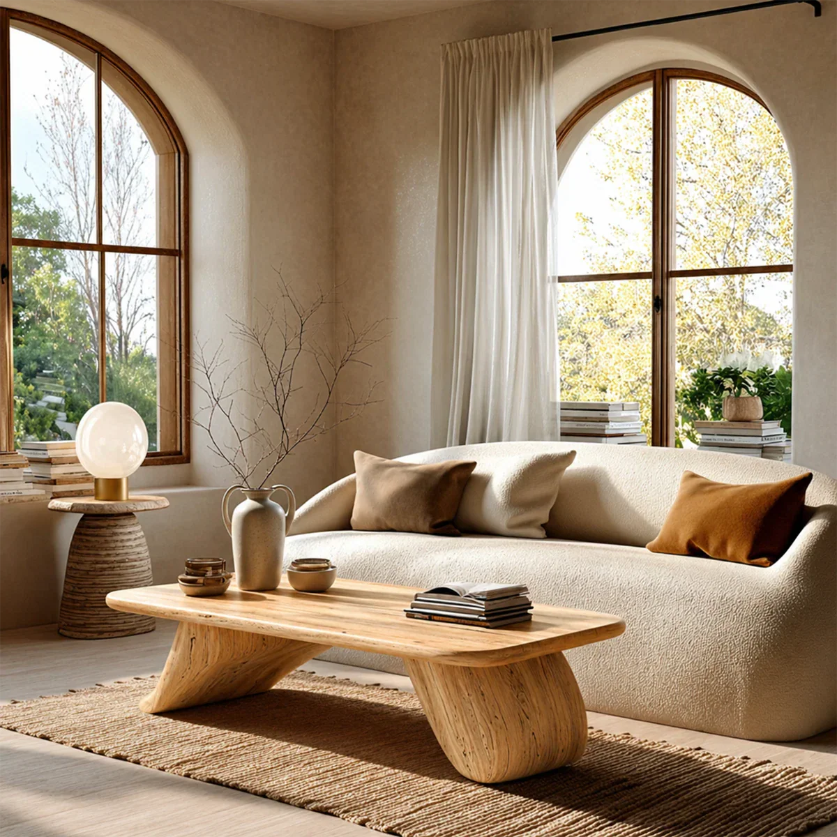 Sculptural coffee table with flowing lines and natural wood look for modern décor