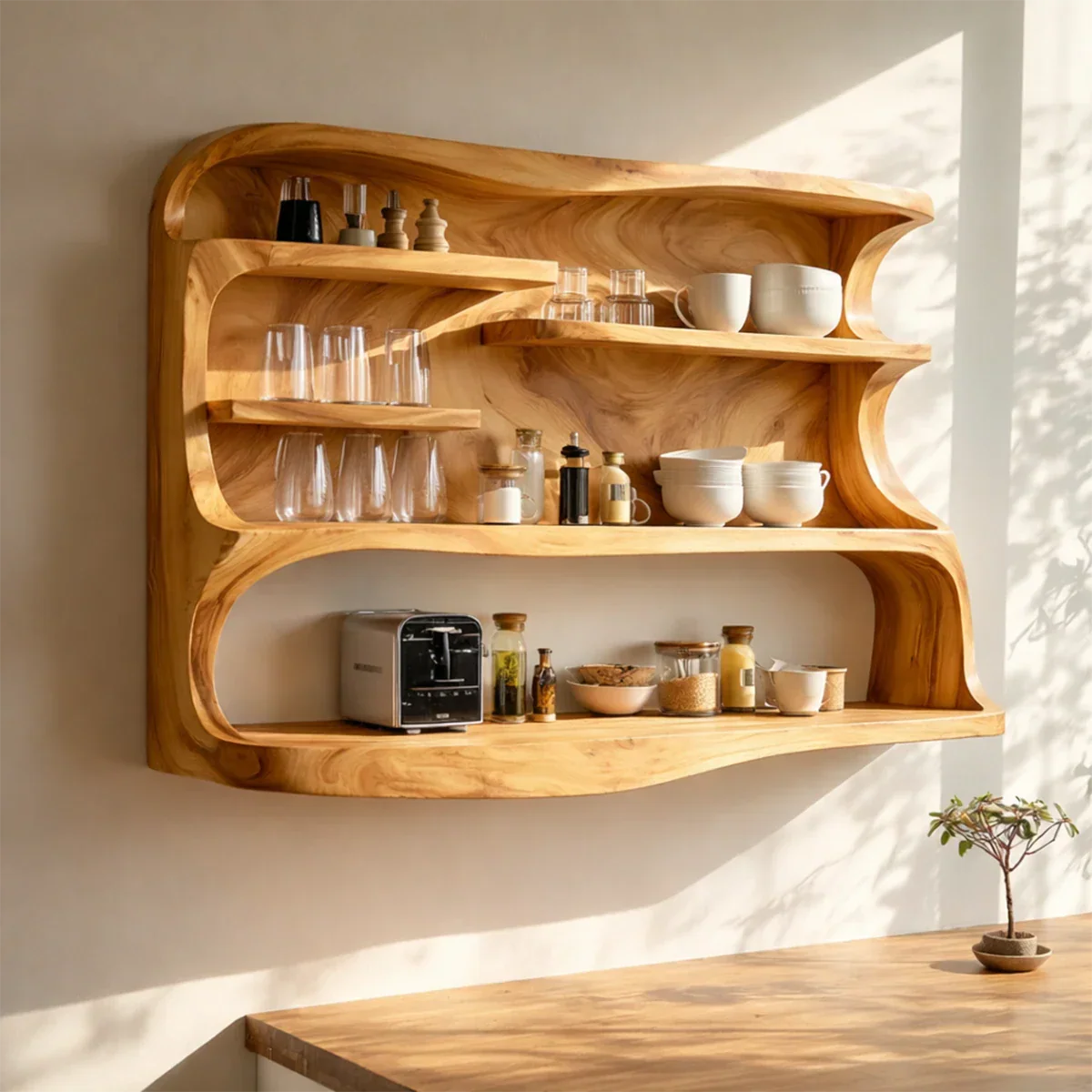 Sculptural kitchen wall storage with carved wood details and multi level open shelves