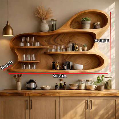 Designer kitchen cabinet with fluid wood contours and practical open shelving system