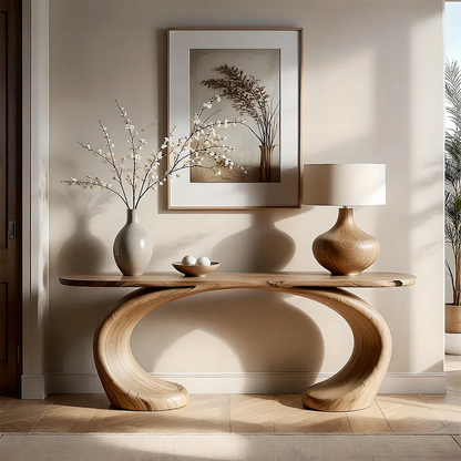 Modern oak console table with curved loop support