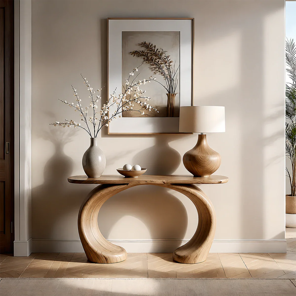 Sculptural Console Table Natural Solid Wood Modern Dual Curve Base