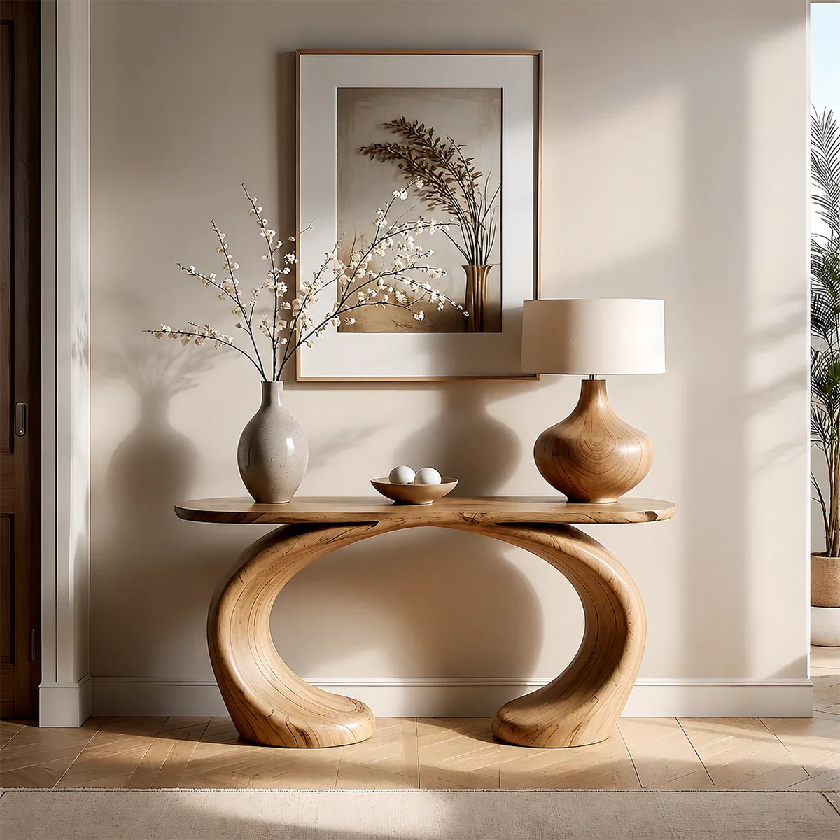 Sculptural Console Table Natural Solid Wood Modern Dual Curve Base