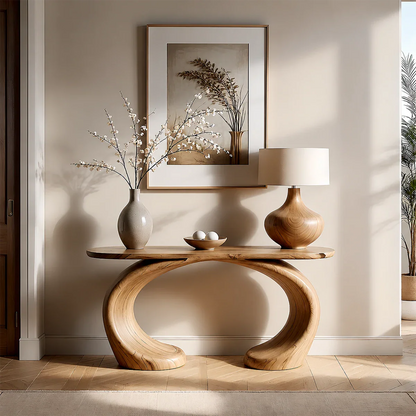 Sculptural Console Table Natural Solid Wood Modern Dual Curve Base