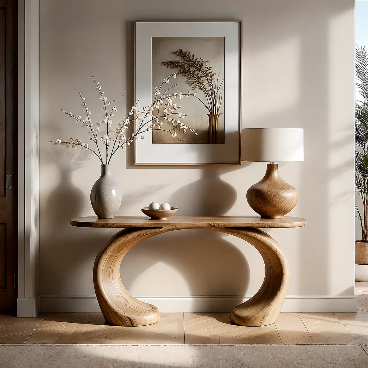 Sculptural Console Table Natural Solid Wood Modern Dual Curve Base