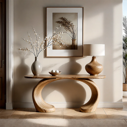Sculptural Console Table Natural Solid Wood Modern Dual Curve Base