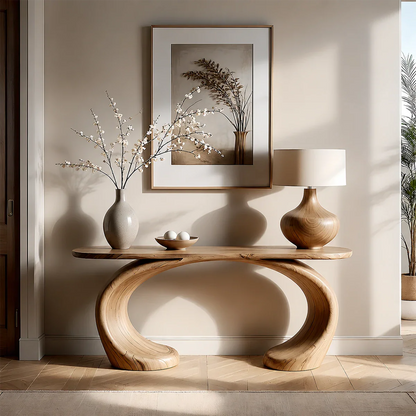 Sculptural Console Table Natural Solid Wood Modern Dual Curve Base