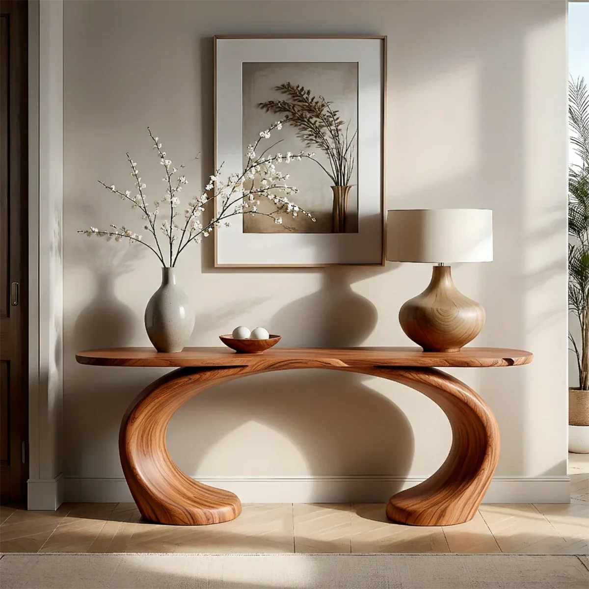 Minimal oak console table with oval curved base