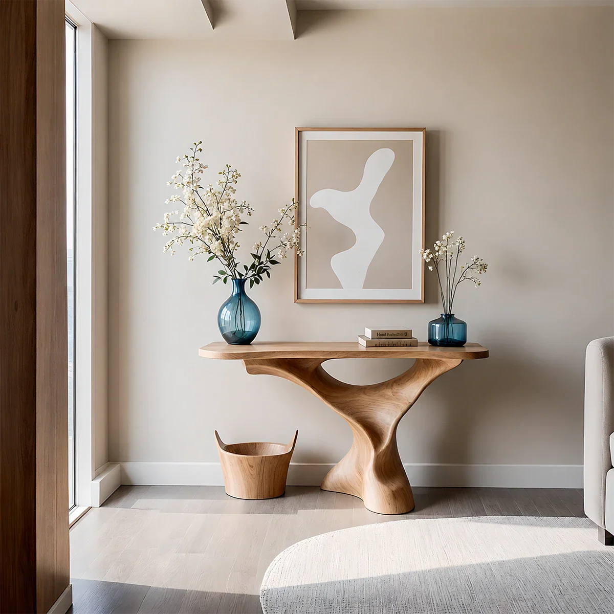 Natural Solid Wood Console Table Sculptural Organic Pedestal Base