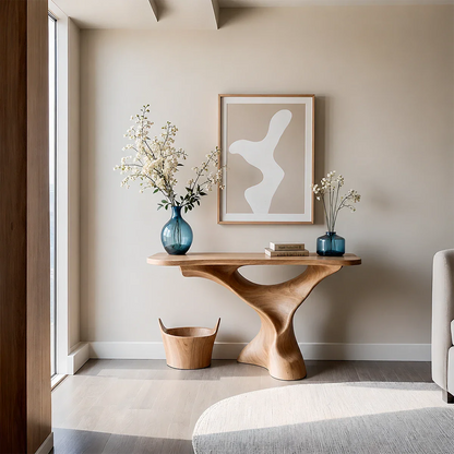 Natural Solid Wood Console Table Sculptural Organic Pedestal Base