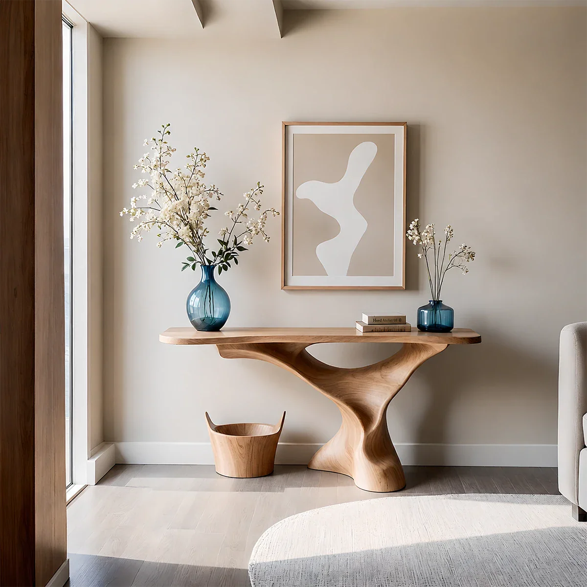 Natural Solid Wood Console Table Sculptural Organic Pedestal Base