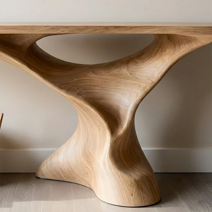 Sculptural oak console table with flowing pedestal form