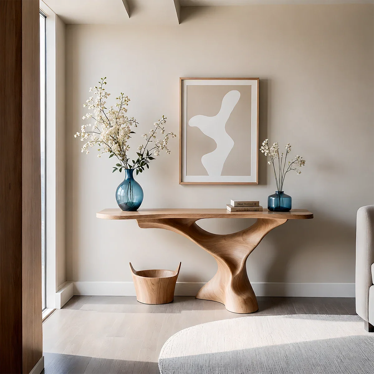 Natural Solid Wood Console Table Sculptural Organic Pedestal Base