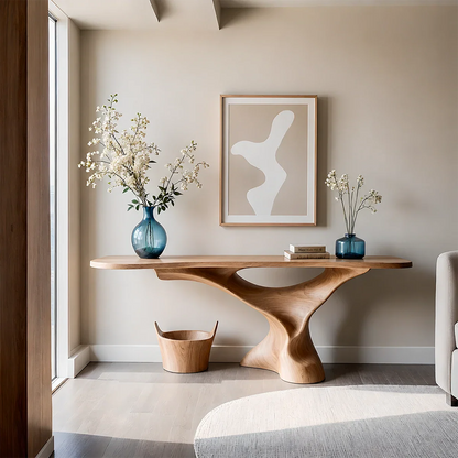 Natural Solid Wood Console Table Sculptural Organic Pedestal Base