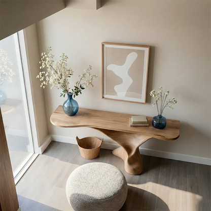 Artistic oak console table with organic pedestal support