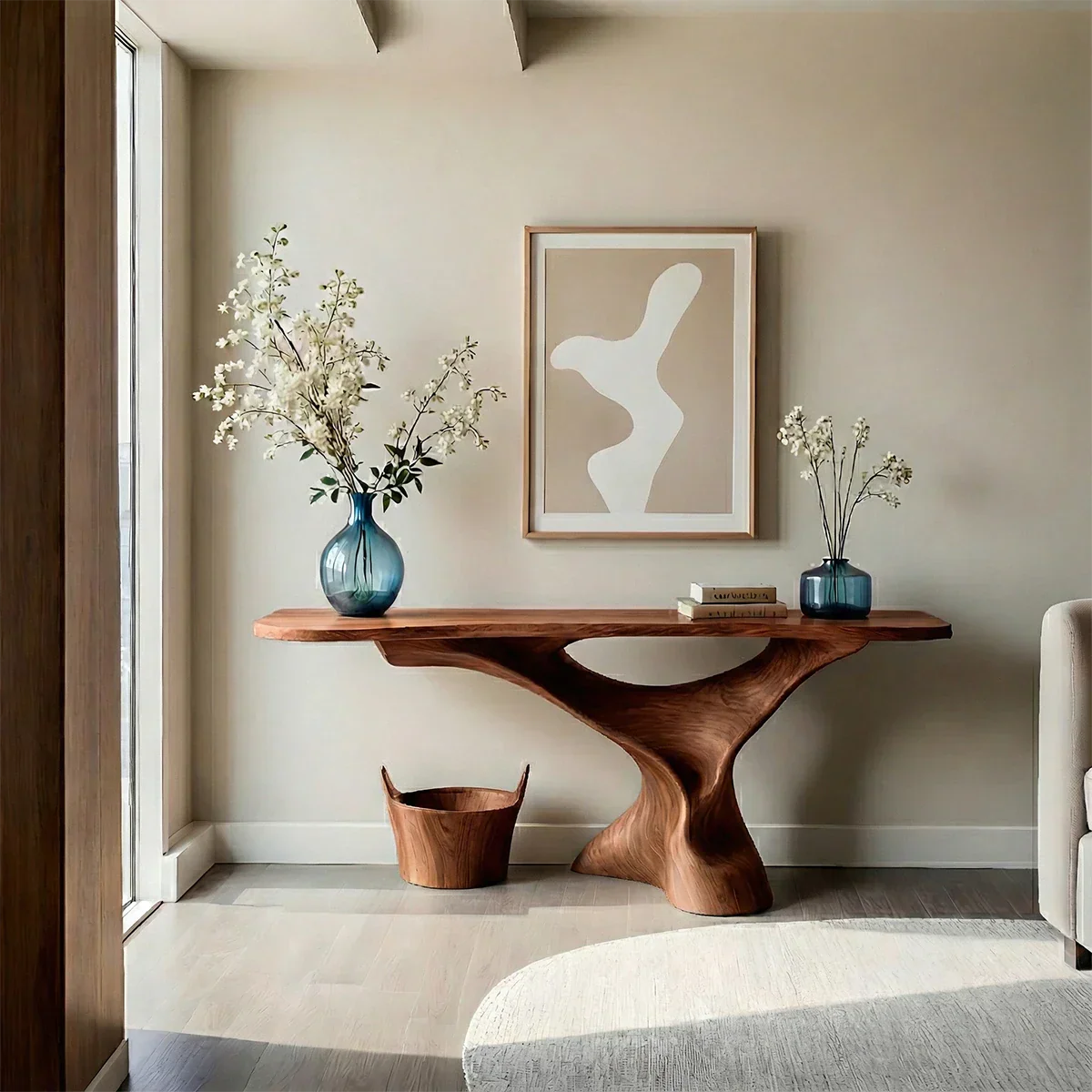 Handcrafted oak console table with sculptural base